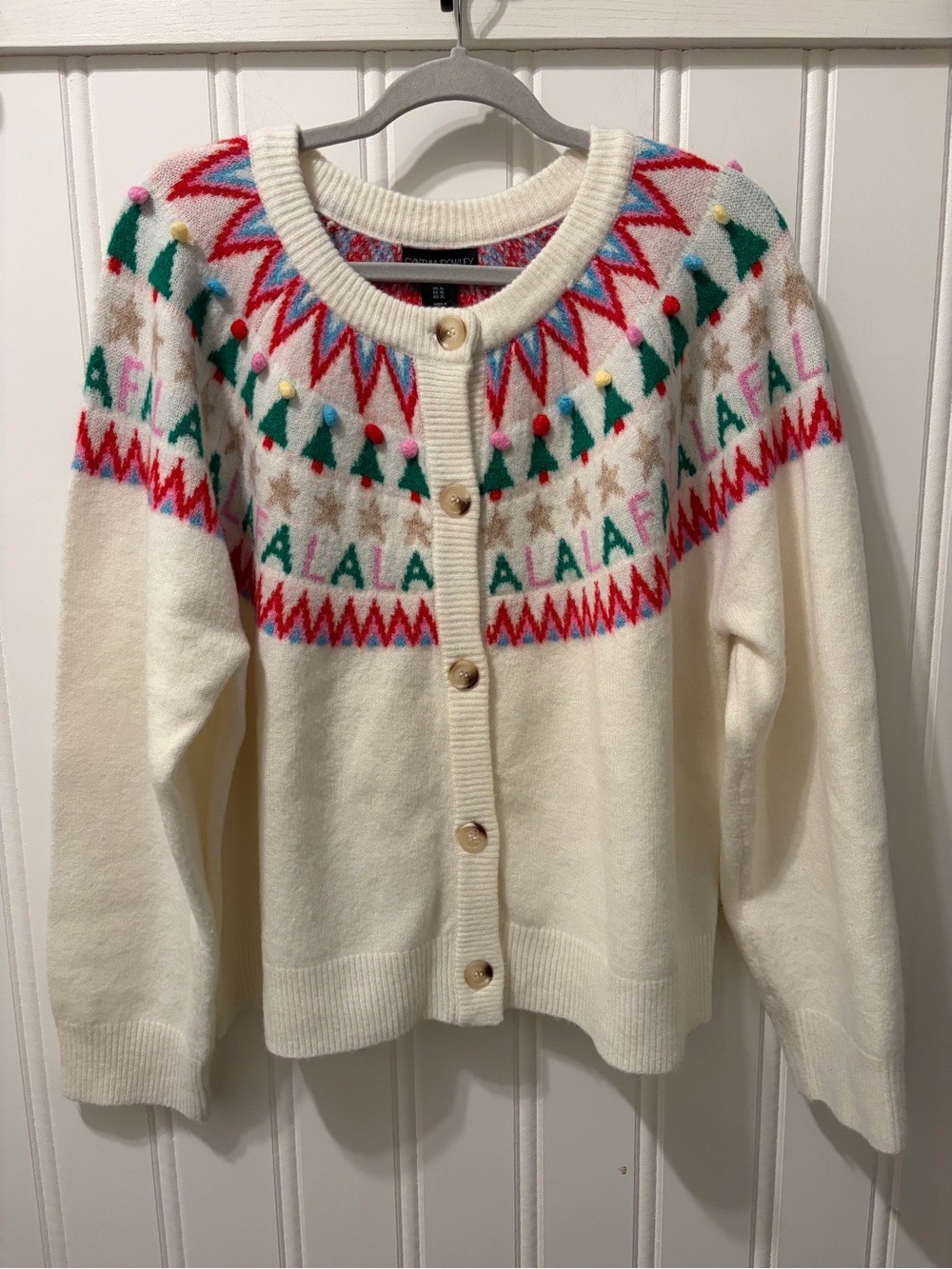 Cynthia Rowley Wool Blend Fa La La Pom Pom Holiday Cardigan Fair Isle Size XL